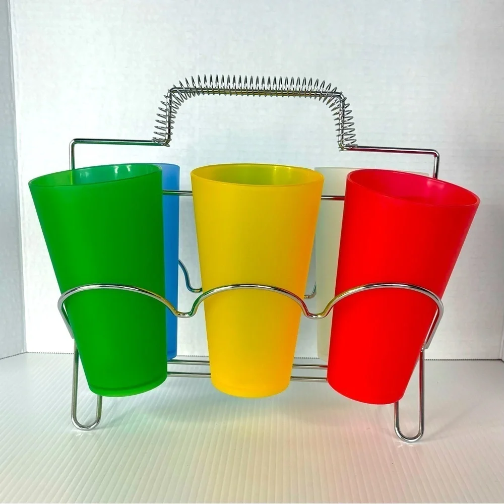 6 Vintage ? Colorful Plastic Drinking Glasses With Metal Holder Barware MCM